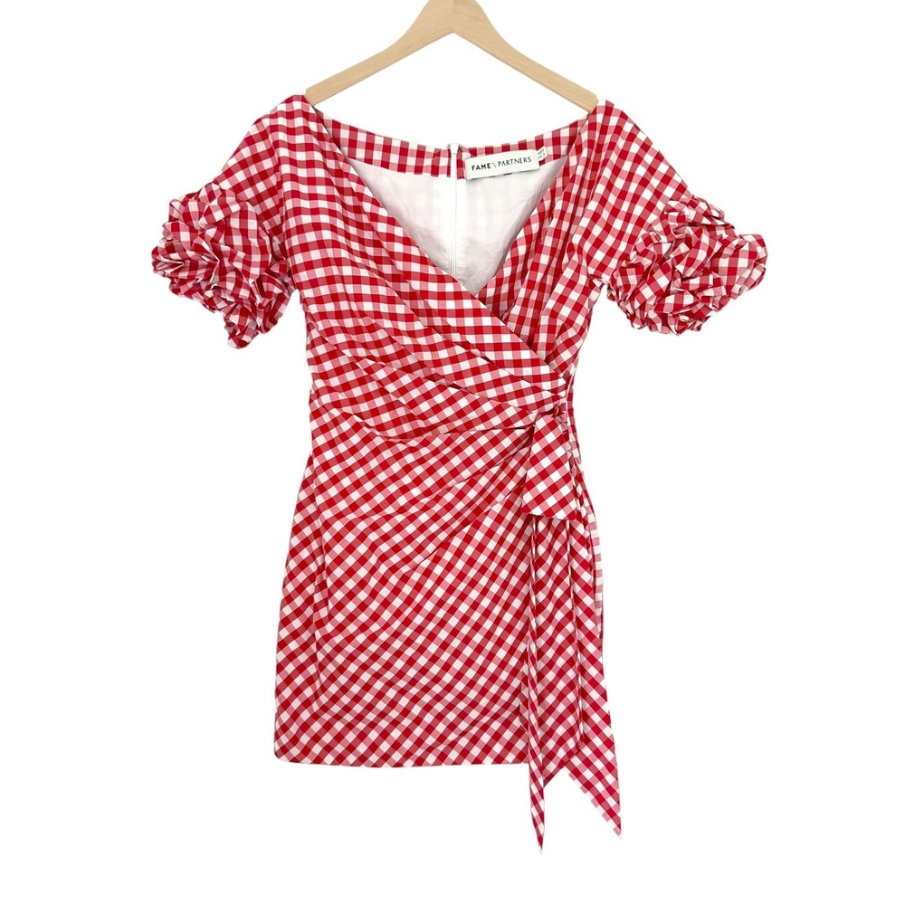 Fame and Partners x‎ REVOLVE Russo Red Gingham Wrap Mini Dress Size 4 - Picture 4 of 11